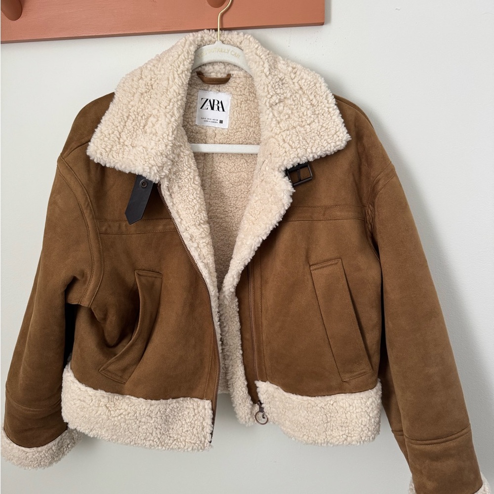 Zara Brown Suede Bomber Jacket with Cream Sherpa Lining